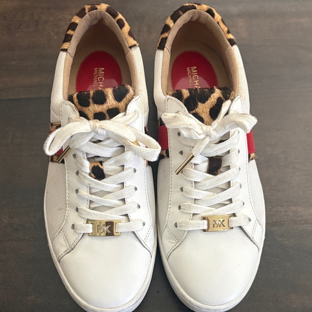 Michael Kors White Leather Sneakers with Leopard Print and Red Insole
